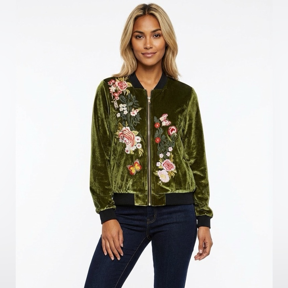 ADORA Green Velvet Bomber Jacket with Floral Embroidery